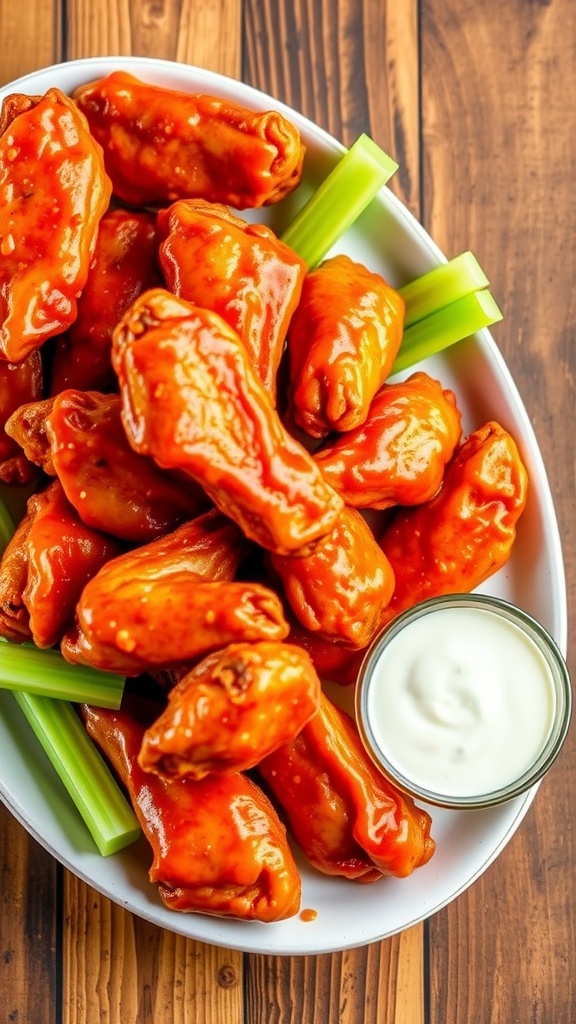 A delicious stack of crispy air fryer chicken wings coated in spicy buffalo sauce, served with celery and ranch dressing.